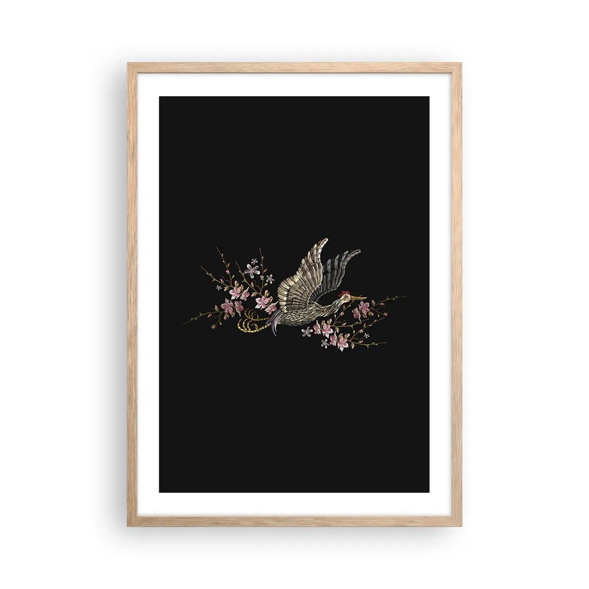 Plagát v ráme zo svetlého duba - Exotický vyšívaný vták - 50x70 cm