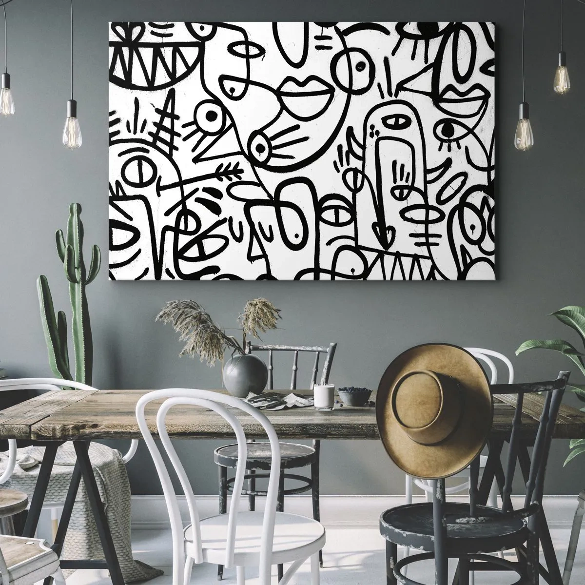 Obraz na plátne - Čiernobiele abstraktné kresby s motívmi tváre - 70x50cm - Tváre a preludy - Moderná nástenná dekorácia do obývacej izby a spálne ARTTOR