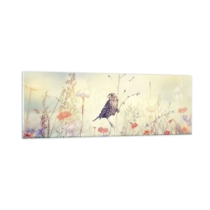 Obraz na skle - Portrét vtáka s lúkou v pozadí - 90x30 cm