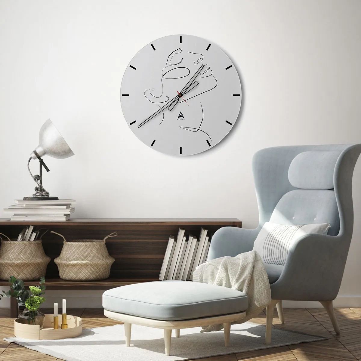Nástenné hodiny - Minimalistický portrét ženy vytvorený čiarami na bielom pozadí. - 30x30cm - Meandre sna - Moderná nástenná dekorácia do obývacej izby, kuchyne a spálne ARTTOR