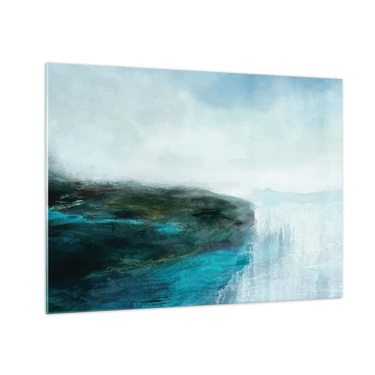 Obraz na skle - Abstraktná vodná krajina s dominantnými modrými a bielymi farbami - 70x50cm - Námorná abstrakcia - Moderná nástenná dekorácia do obývacej izby a spálne ARTTOR