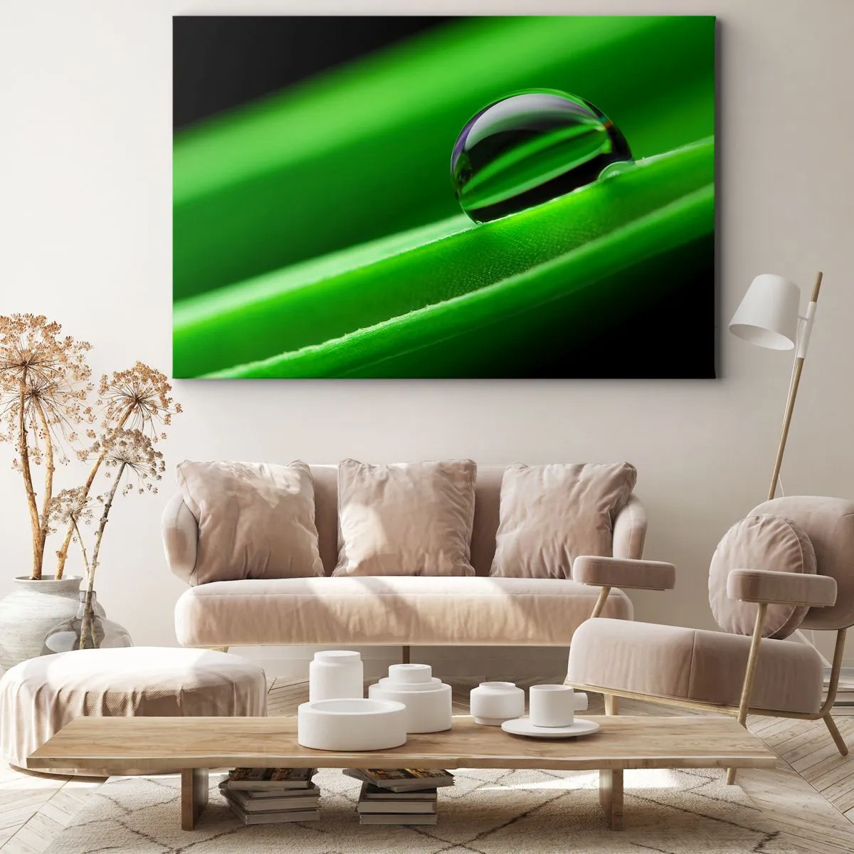 Obraz na plátne - Detailný záber na kvapku rosy na zelenom liste - 70x50cm - Život zblízka - Moderná nástenná dekorácia do obývacej izby a spálne ARTTOR