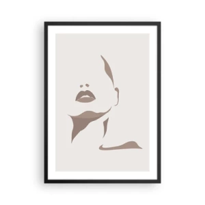 Plagát v čiernom ráme - Minimalistický portrét tváre v odtieňoch béžovej a hnedej. - 50x70cm - Stvorená zo svetla a tieňa - Moderná nástenná dekorácia do obývacej izby a spálne ARTTOR