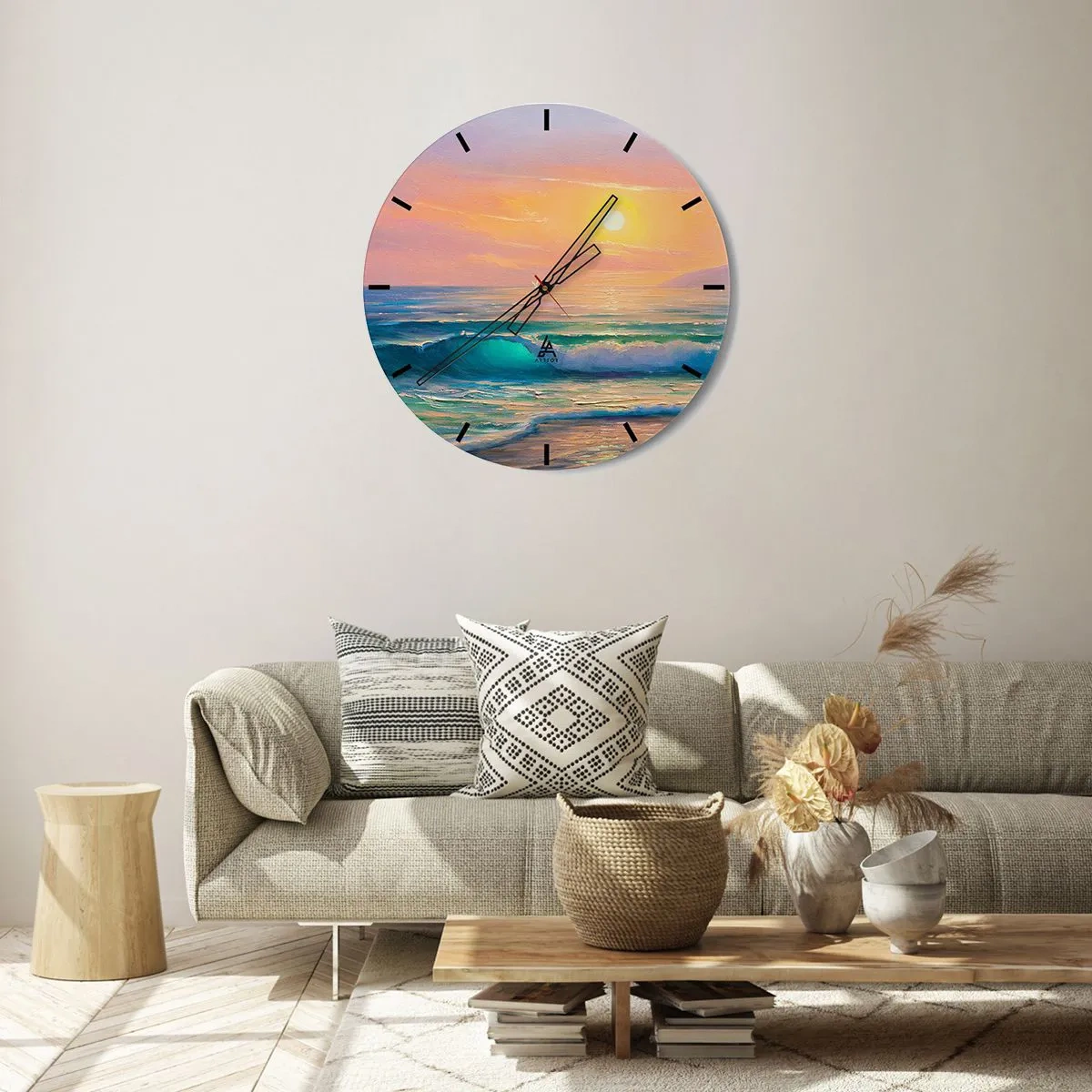 Nástenné hodiny - Malebný západ slnka nad pokojným oceánom - 30x30cm - Tyrkysová pieseň vĺn - Moderná nástenná dekorácia do obývacej izby, kuchyne a spálne ARTTOR