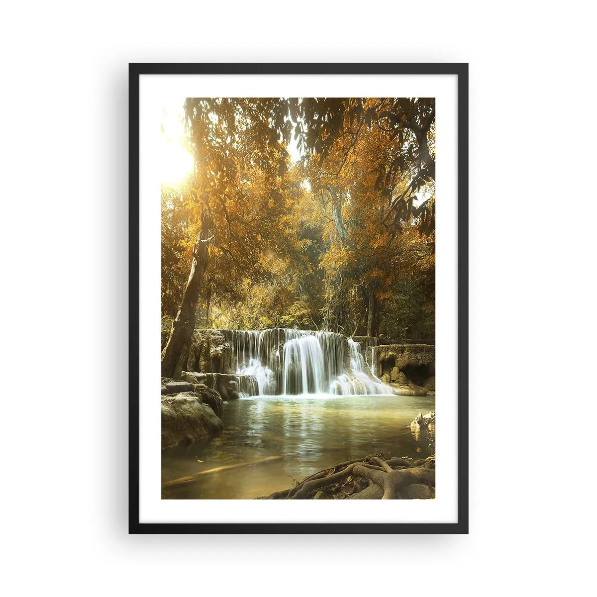 Plagát v čiernom ráme - Jesenný vodopád na slnku - 50x70cm - Parkový vodopád - Moderná nástenná dekorácia do obývacej izby a spálne ARTTOR