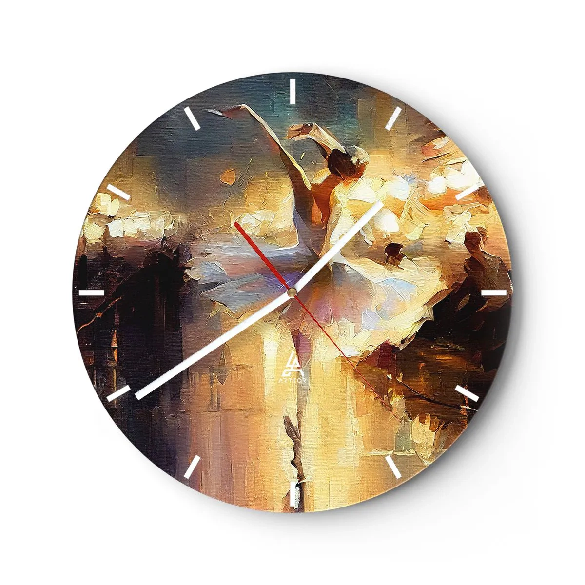 Nástenné hodiny - Tanečnica v bielych šatách zachytená v dynamickom pohybe - 30x30cm - Zázrak na ulici - Moderná nástenná dekorácia do obývacej izby, kuchyne a spálne ARTTOR