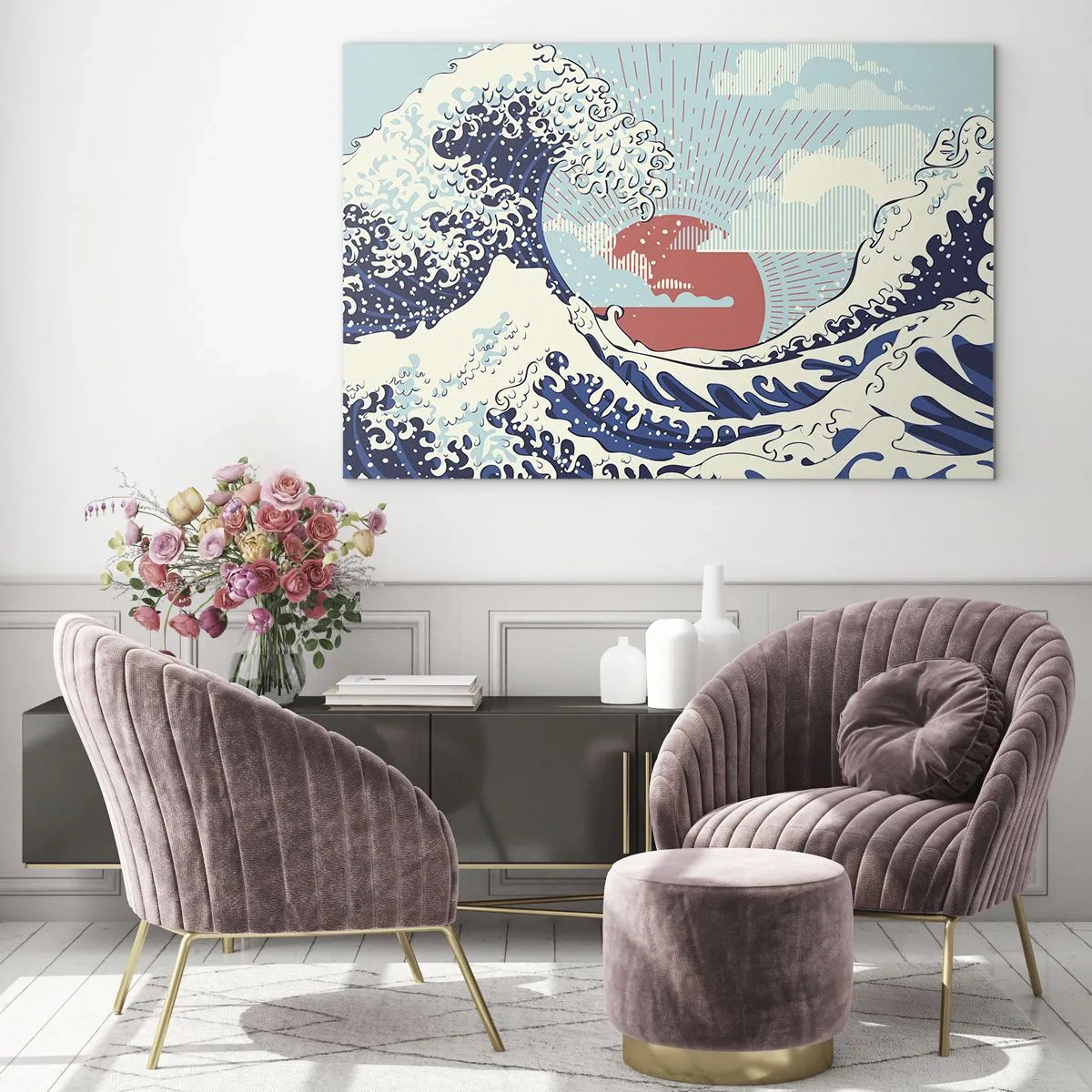 Obraz na skle - Štylizovaná vlna inšpirovaná japonským umením - 70x50cm - Z japonských inšpirácií - Moderná nástenná dekorácia do obývacej izby a spálne ARTTOR