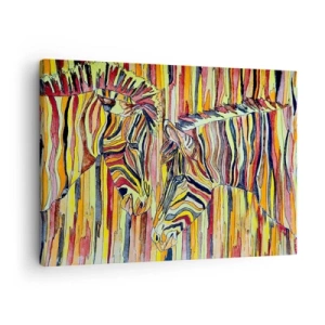 Obraz na plátne - Farebné zebry na pozadí abstraktných pruhov - 70x50cm - Takže ty tiež… - Moderná nástenná dekorácia do obývacej izby a spálne ARTTOR