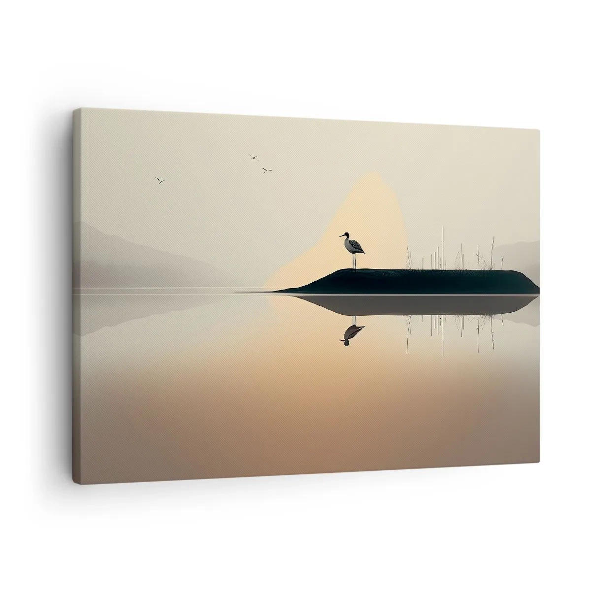 Obraz na plátne - Vták na ostrove v pokojnom jazere s teplými odtieňmi - 70x50cm - Pán na jazere - Moderná nástenná dekorácia do obývacej izby a spálne ARTTOR