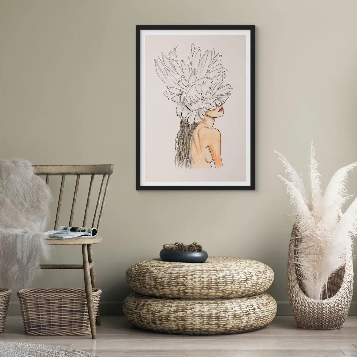 Plagát v čiernom ráme - Portrét ženy s perovým klobúkom v umeleckom štýle - 50x70cm - Vrchol krásy - Moderná nástenná dekorácia do obývacej izby a spálne ARTTOR