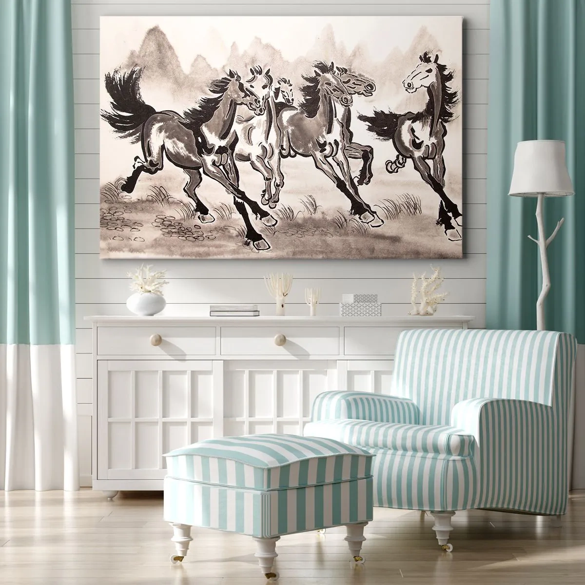 Obraz na plátne - Dynamická grafika cválajúcich koní v orientálnom štýle - 70x50cm - V radostnom cvale - Moderná nástenná dekorácia do obývacej izby a spálne ARTTOR