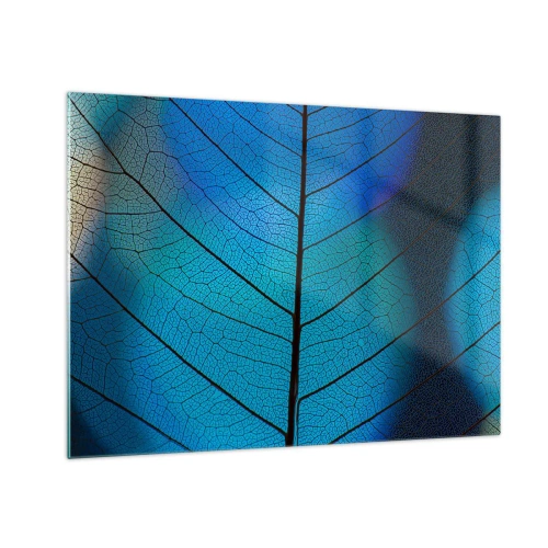 Obraz na skle - Detailný záber modrého listu zobrazujúci štruktúru žíl. - 70x50cm - Až do detailov - Moderná nástenná dekorácia do obývacej izby a spálne ARTTOR