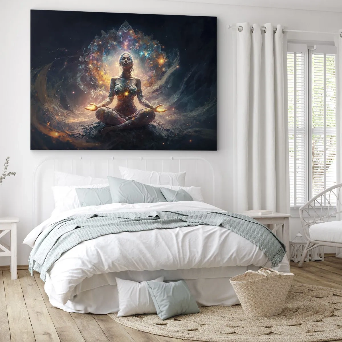 Obraz na plátne - Meditujúca postava obklopená energetickými vzormi a farbami. - 70x50cm - Prúdenie dobrej energie - Moderná nástenná dekorácia do obývacej izby a spálne ARTTOR