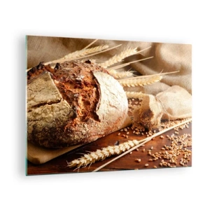 Obraz na skle - Chlieb na doske s pšeničnými klasmi a vreckami na obilie - 70x50cm - Chutný, voňavý, chrumkavý - Moderná nástenná dekorácia do obývacej izby a spálne ARTTOR