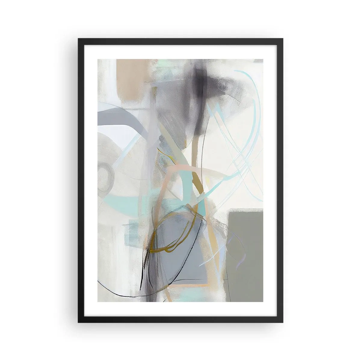 Plagát v čiernom ráme - Jemná abstrakcia v odtieňoch sivej a modrej - 50x70cm - Hmlistá abstrakcia - Moderná nástenná dekorácia do obývacej izby a spálne ARTTOR