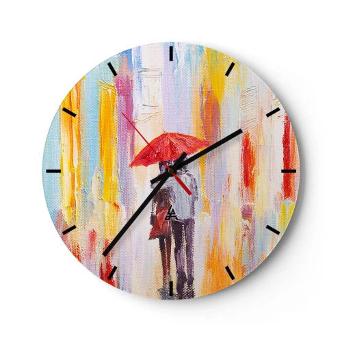 Nástenné hodiny - Postava s červeným dáždnikom na pozadí farebného mesta - 30x30cm - Nech prší ďalej - Moderná nástenná dekorácia do obývacej izby, kuchyne a spálne ARTTOR
