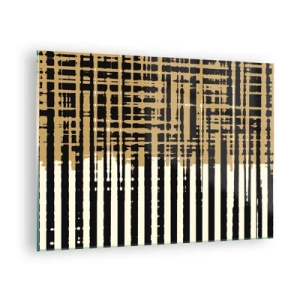 Obraz na skle - Geometrické pruhy a čiary v odtieňoch čiernej a zlatej - 70x50cm - Architektonická abstrakcia - Moderná nástenná dekorácia do obývacej izby a spálne ARTTOR