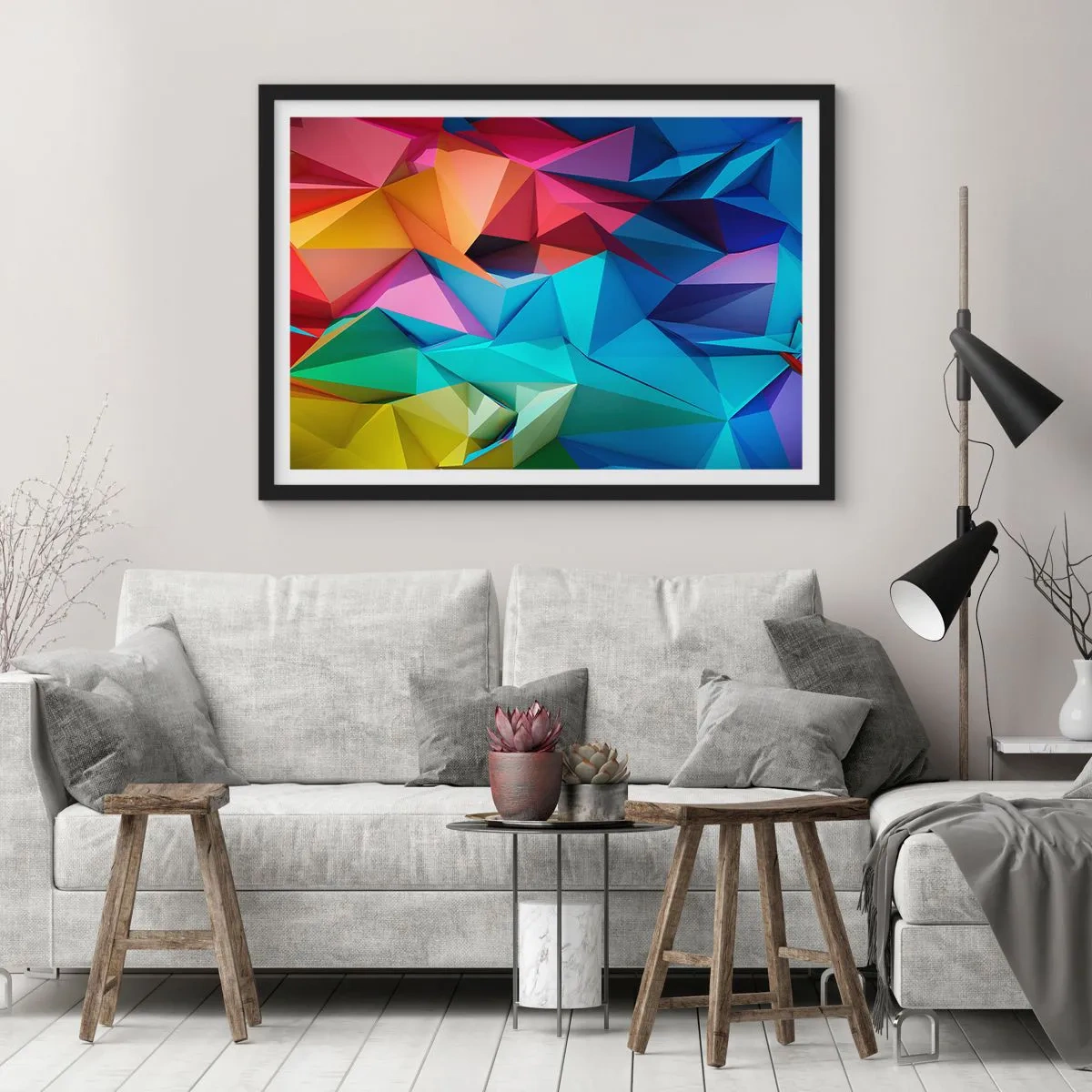 Plagát v čiernom ráme - Dúhové origami - 70x50 cm
