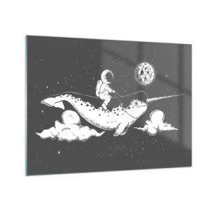 Obraz na skle - Astronaut jazdiaci na narvale vo vesmírnom prostredí - 70x50cm - Vesmírny jazdec - Moderná nástenná dekorácia do obývacej izby a spálne ARTTOR