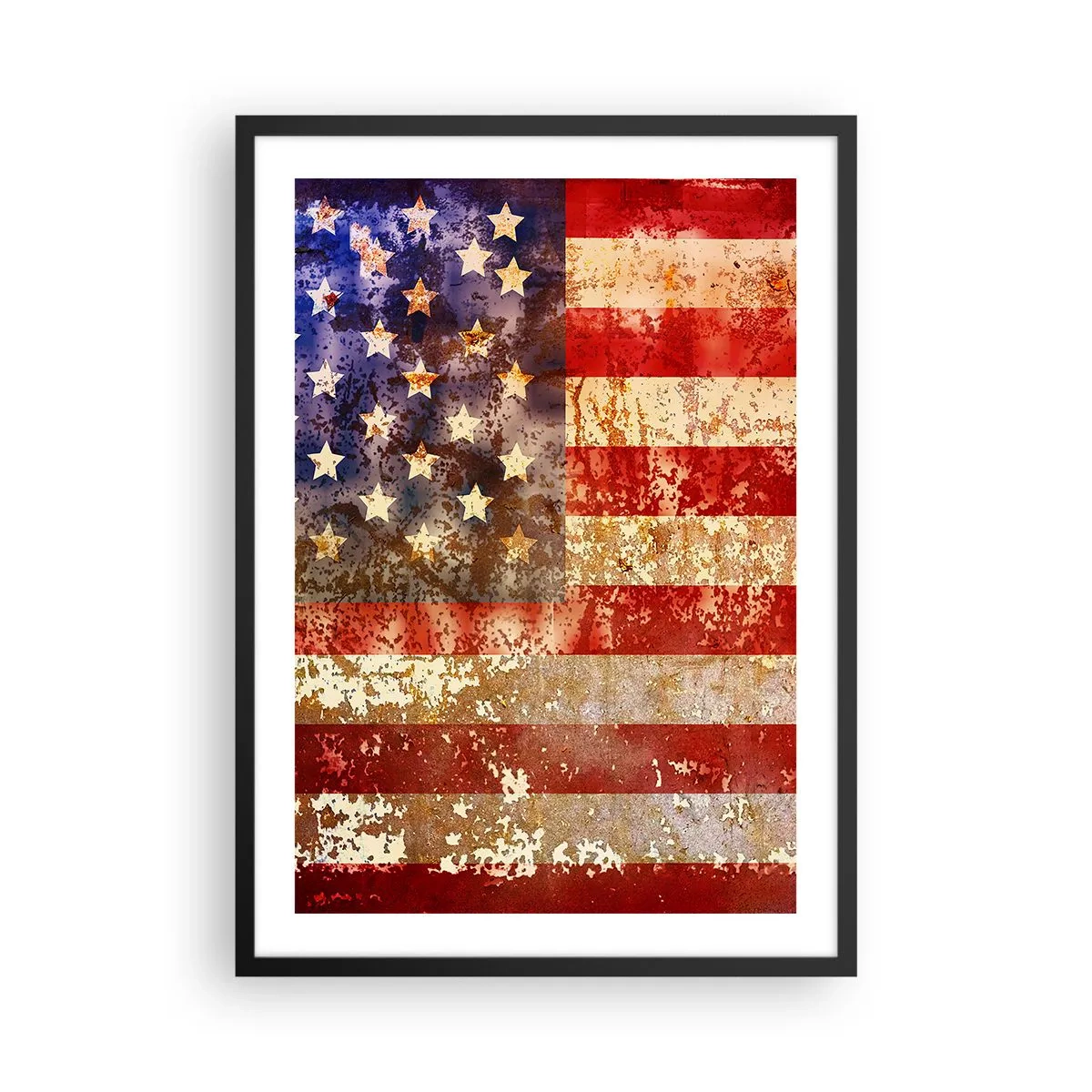 Plagát v čiernom ráme - Vintage vlajka USA so starnutým efektom - 50x70cm - Chvála nekončí - Moderná nástenná dekorácia do obývacej izby a spálne ARTTOR