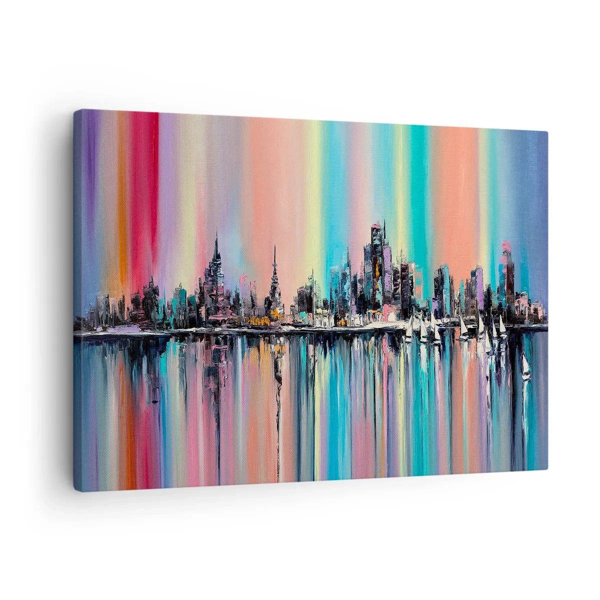 Obraz na plátne - Farebná panoráma mesta s odrazom na vode - 70x50cm - Nočný prúd svetla - Moderná nástenná dekorácia do obývacej izby a spálne ARTTOR
