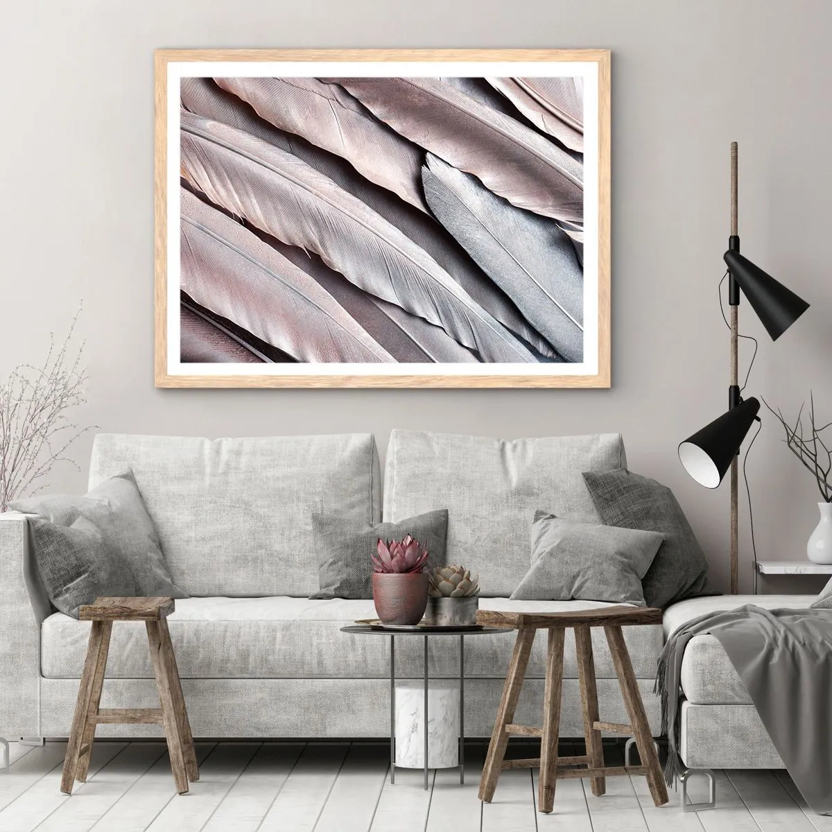 Plagát v ráme zo svetlého duba - V ružovej a striebornej - 100x70 cm