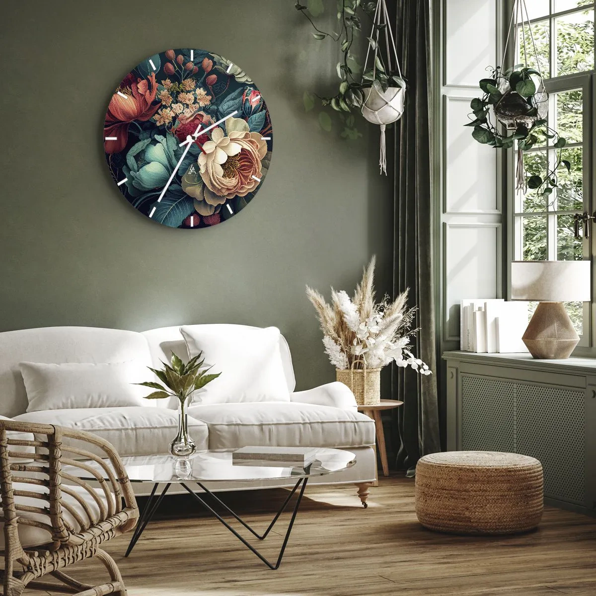 Nástenné hodiny - Kvetinový vzor s veľkými pastelovými a bordovými kvetmi - 30x30cm - Pôvab 19. storočia - Moderná nástenná dekorácia do obývacej izby, kuchyne a spálne ARTTOR