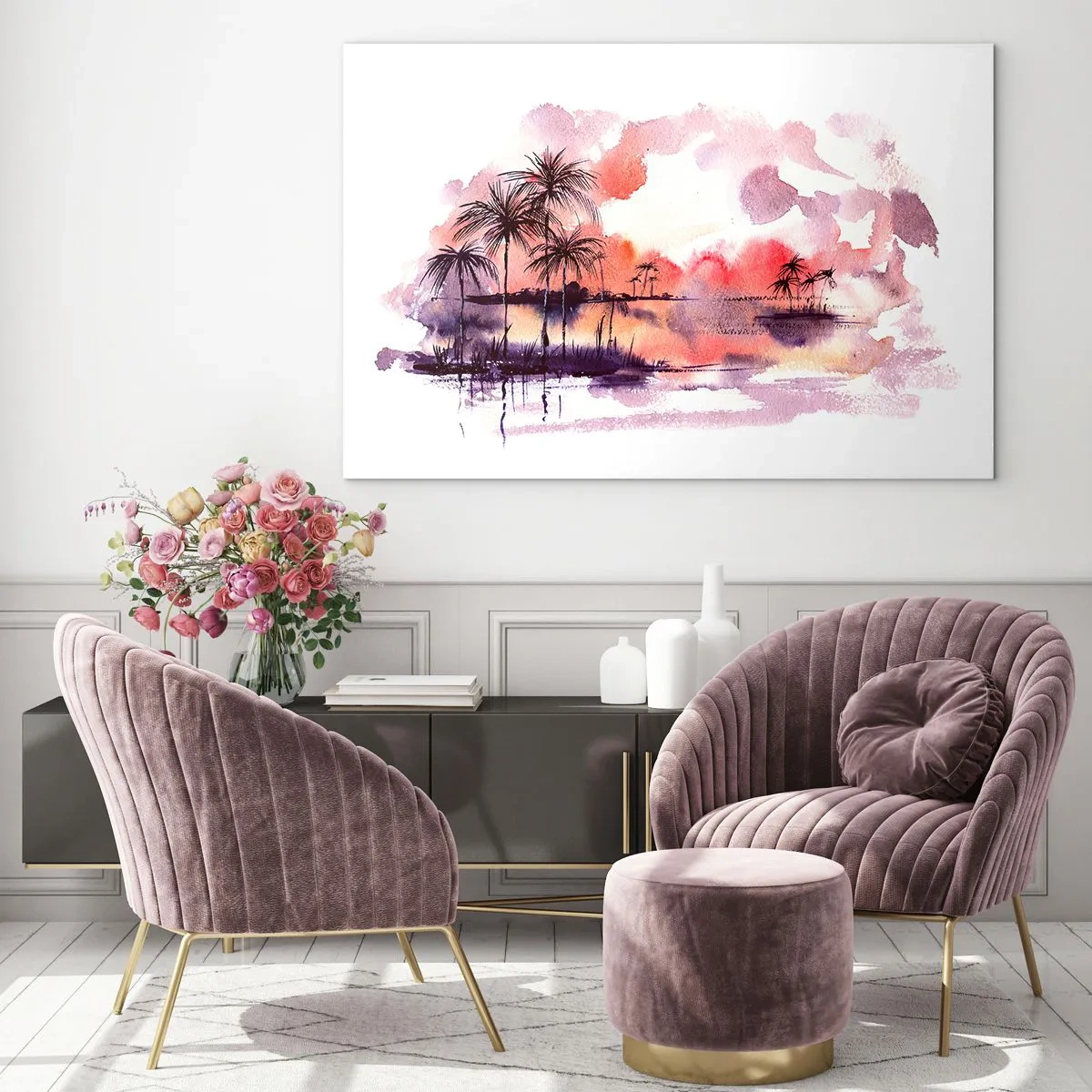Obraz na skle - Tropická krajina pri západe slnka v akvareloch - 70x50cm - Pokoj trópov v červenej - Moderná nástenná dekorácia do obývacej izby a spálne ARTTOR
