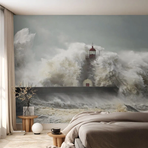 Fototapeta Standard Eco - Maják zasiahnutý silnými vlnami - 100x70cm - Hnev oceánu - Moderná nástenná dekorácia do obývacej izby a spálne ARTTOR