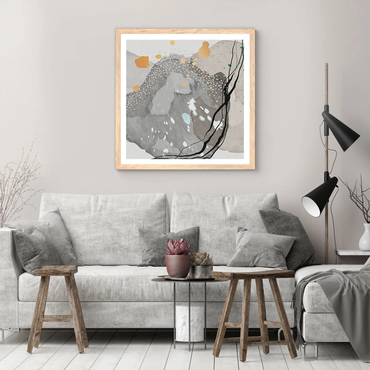 Plagát v ráme zo svetlého duba - Organická kompozícia - 60x60 cm