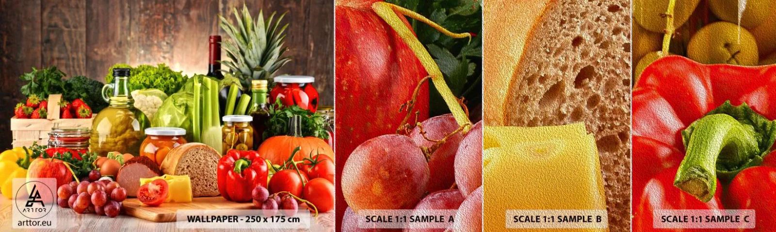 Vzorka fototapety Premium Sand - Údené, pečené, marinované - Gastronómia, Zelenina, Ovocie - 100x30 cm