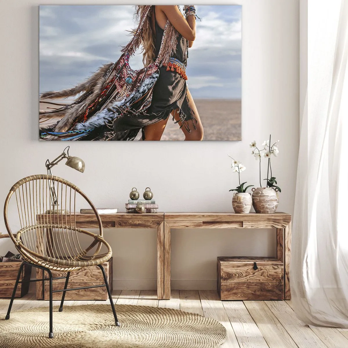 Obraz na plátne - Žena v boho štýle s detailmi z peria a šperkov - 70x50cm - Šamanovo dievča - Moderná nástenná dekorácia do obývacej izby a spálne ARTTOR