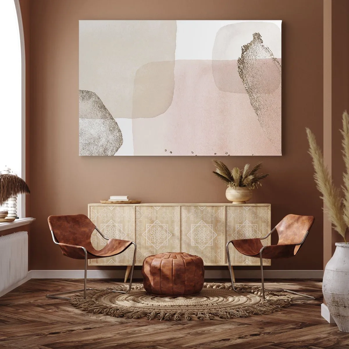 Obraz na plátne - Pastelové škvrny so zlatými prvkami - 70x50cm - Pohľad cez farby - Moderná nástenná dekorácia do obývacej izby a spálne ARTTOR