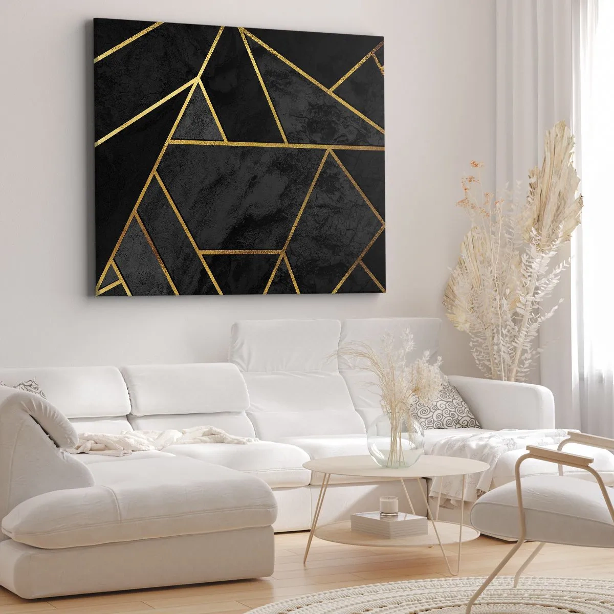 Obraz na plátne - Geometrický zlatý vzor na čiernom pozadí - 70x50cm - Temnota a svetlo - Moderná nástenná dekorácia do obývacej izby a spálne ARTTOR