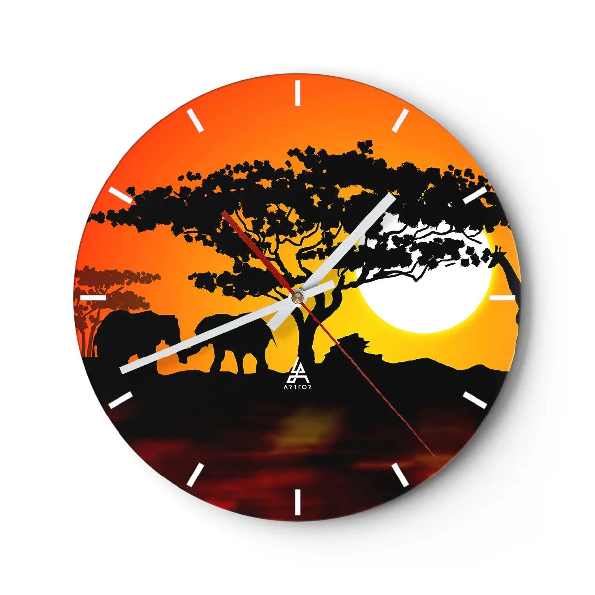 Nástenné hodiny - Africká krajina so siluetami stromov a zvierat pri západe slnka - 30x30cm - Stretnutie na savane - Moderná nástenná dekorácia do obývacej izby, kuchyne a spálne ARTTOR
