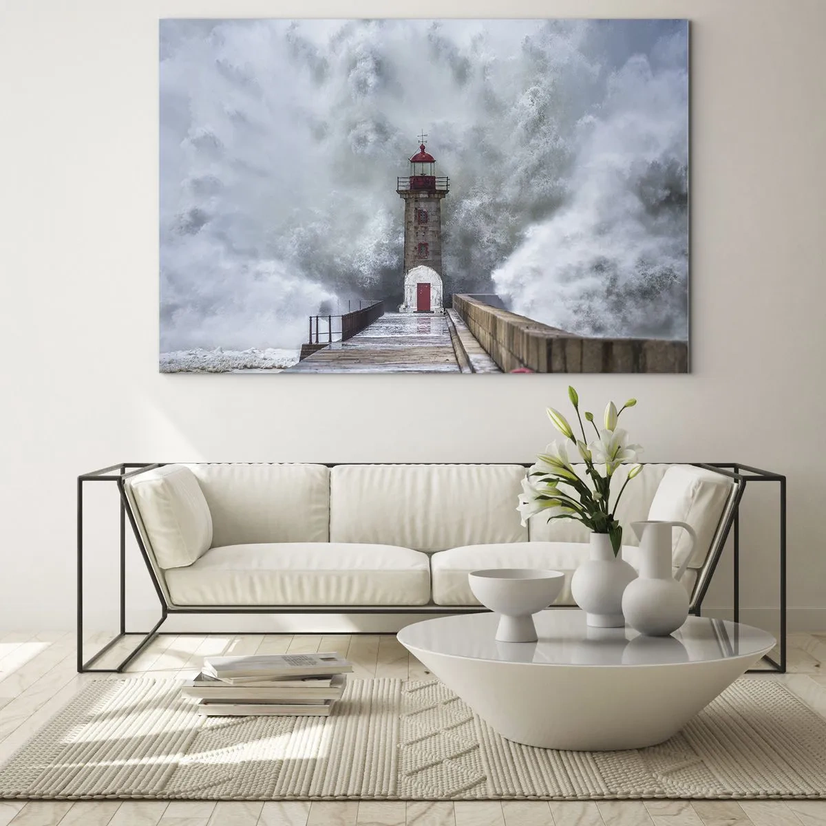 Obraz na skle - Maják zasiahla silná vlna. - 70x50cm - Hukot vody, šum vetra - Moderná nástenná dekorácia do obývacej izby a spálne ARTTOR