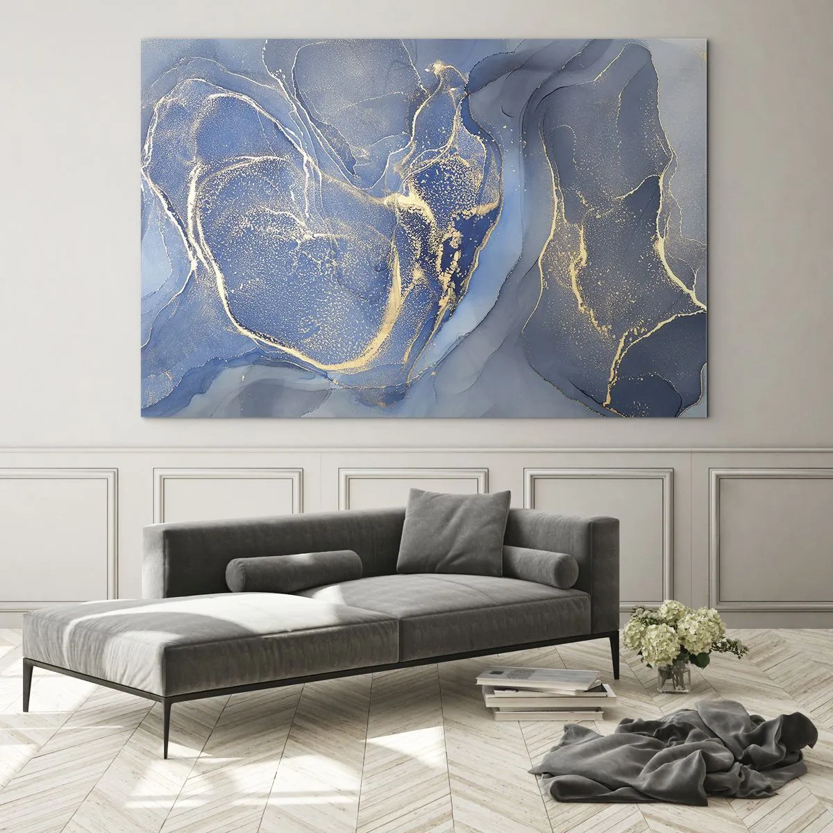 Obraz na skle - Abstraktná kompozícia v odtieňoch tmavomodrej a zlatej - 70x50cm - Zlatý prach - Moderná nástenná dekorácia do obývacej izby a spálne ARTTOR