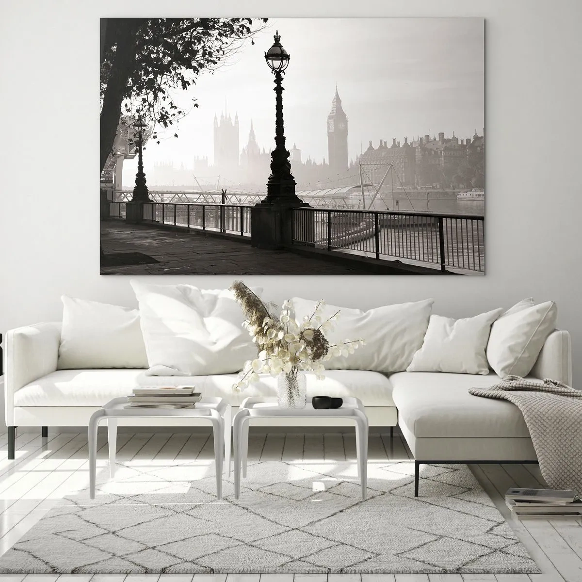 Obraz na skle - Čiernobiela fotografia londýnskej promenády s Big Benom - 70x50cm - Londýnske ráno - Moderná nástenná dekorácia do obývacej izby a spálne ARTTOR
