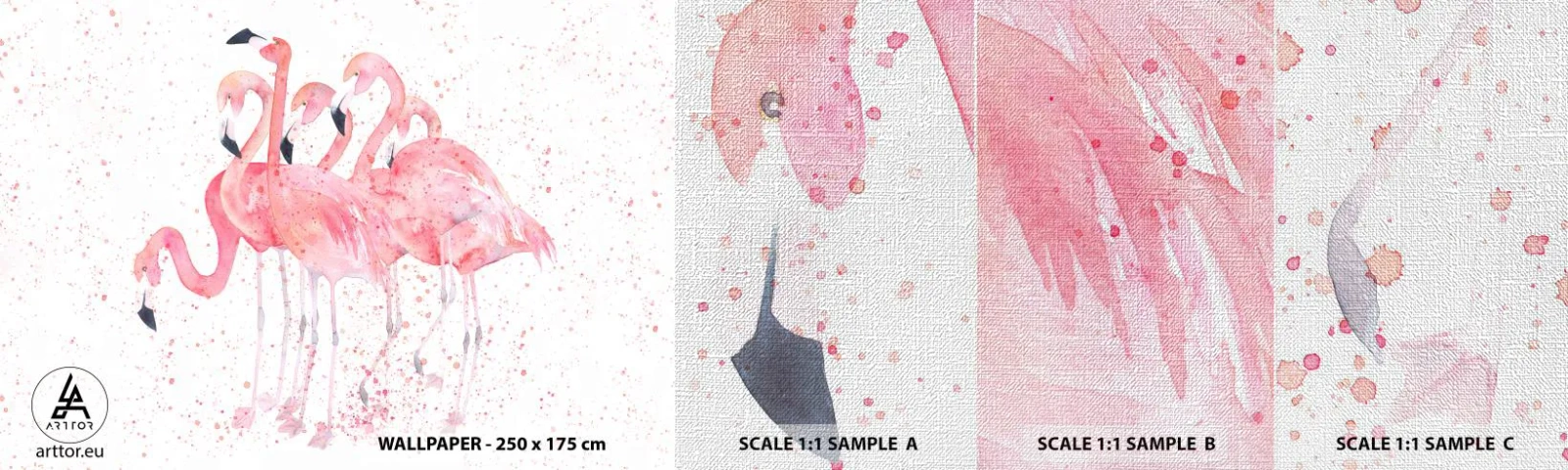Vzorka fototapety Premium Canvas - Ružový ansámbl - Plameniaky, Vtáky, Grafika - 100x30 cm