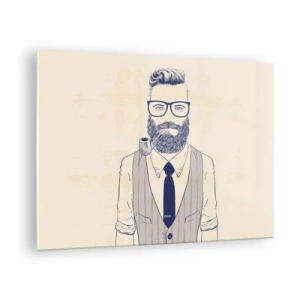 Obraz na skle - Štylizovaný muž s bradou, okuliarmi a fajkou na svetlom pozadí. - 70x50cm - Veselý, mužský a módny - Moderná nástenná dekorácia do obývacej izby a spálne ARTTOR