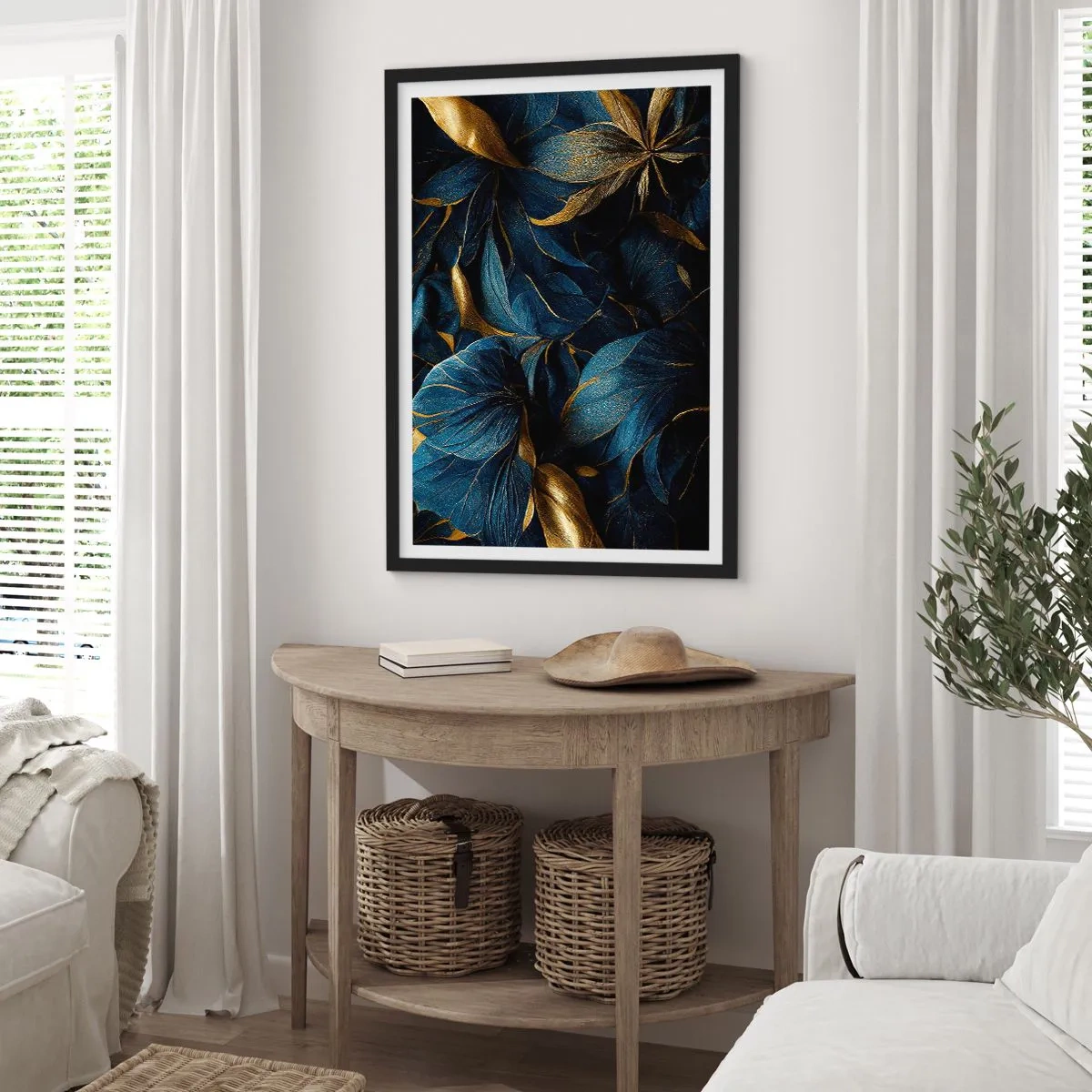 Plagát v čiernom ráme - Zlaté listy na tmavo modrom pozadí - 50x70cm - Podšívané zlatom - Moderná nástenná dekorácia do obývacej izby a spálne ARTTOR