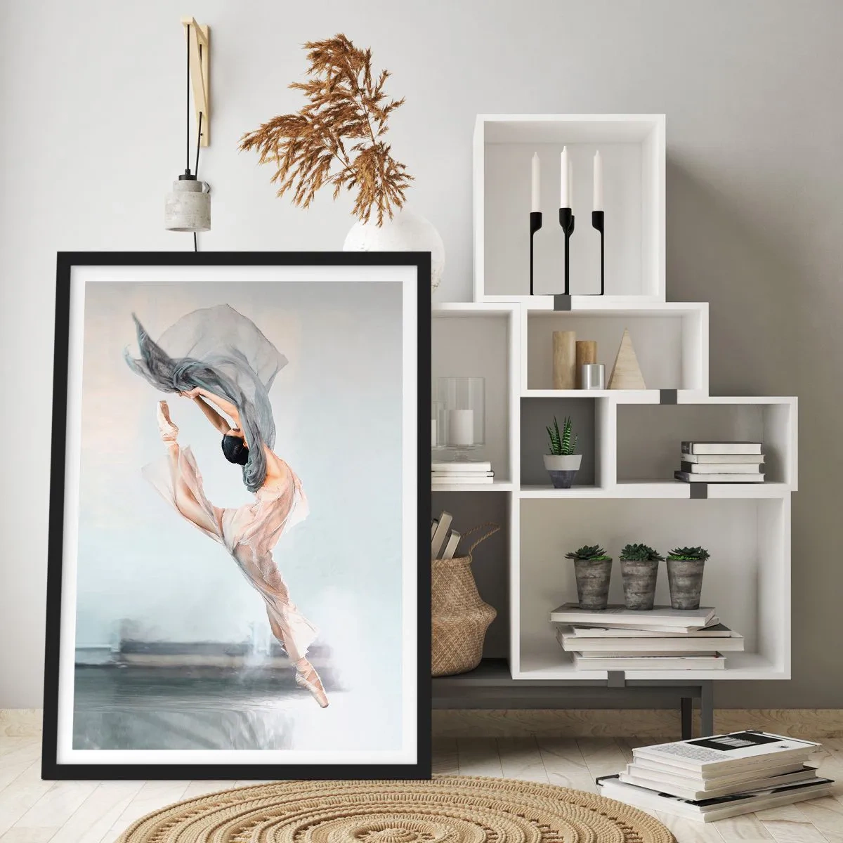 Plagát v čiernom ráme - Baletka tancuje s jemnou šatkou na svetlom pozadí - 50x70cm - V tanečnom vytrhnutí - Moderná nástenná dekorácia do obývacej izby a spálne ARTTOR