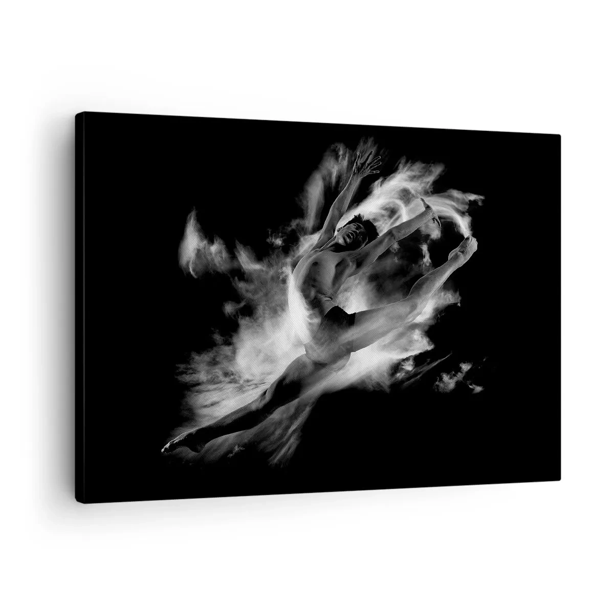 Obraz na plátne - Tanečník v dynamickej póze na čiernom pozadí - 70x50cm - Zastavený za letu - Moderná nástenná dekorácia do obývacej izby a spálne ARTTOR