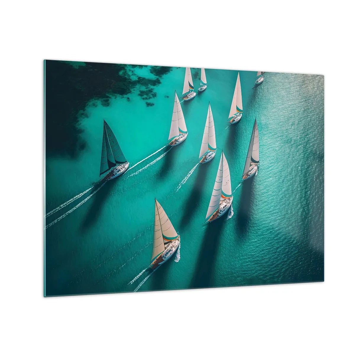 Obraz na skle - Plachetnice na tyrkysovej vode zachytené z vtáčej perspektívy - 70x50cm - Zápasenie s vetrom - Moderná nástenná dekorácia do obývacej izby a spálne ARTTOR