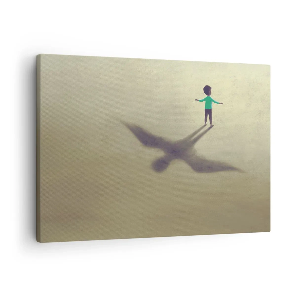 Obraz na plátne - Symbolická postava dieťaťa s tieňom vtáka na pozadí v teplých odtieňoch. - 70x50cm - Hrdina budúcnosti - Moderná nástenná dekorácia do obývacej izby a spálne ARTTOR