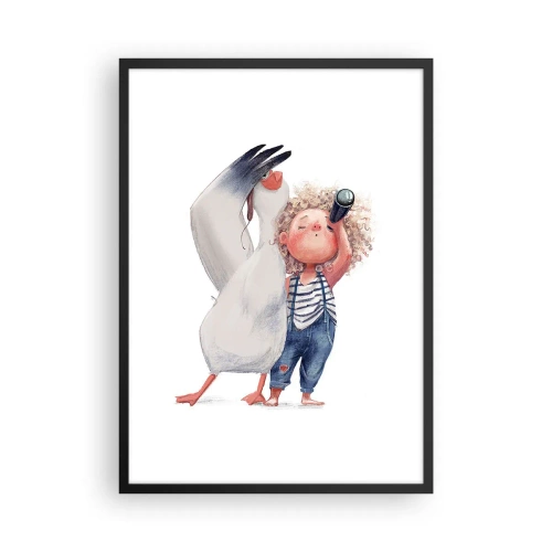 Plagát v čiernom ráme - Ilustrácia dieťaťa s ďalekohľadom a vtáka, ktorý ho sprevádza - 50x70cm - Plán na skvelú cestu - Moderná nástenná dekorácia do obývacej izby a spálne ARTTOR