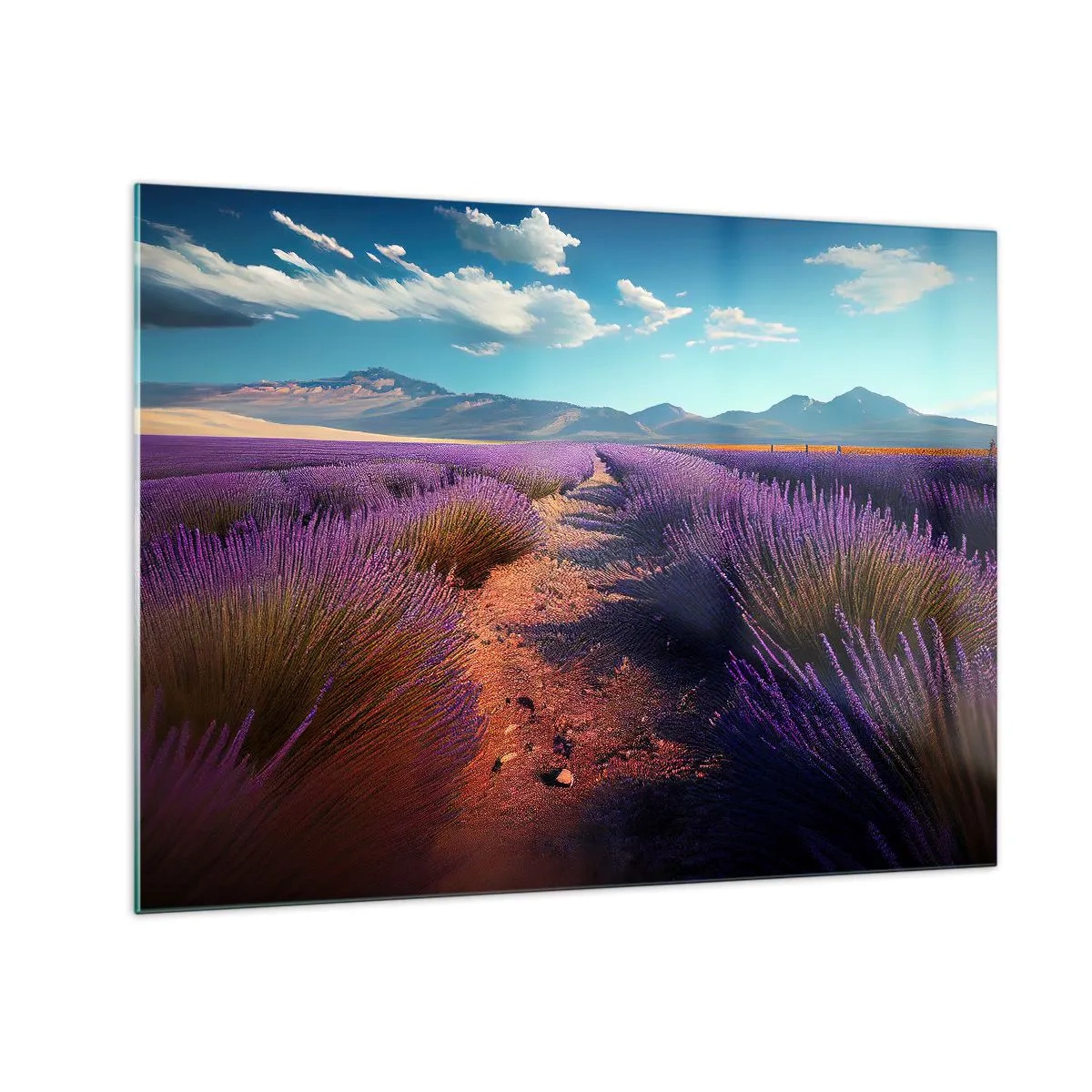 Obraz na skle - Levanduľové polia pri západe slnka s výhľadom na hory - 70x50cm - Voňavé polia - Moderná nástenná dekorácia do obývacej izby a spálne ARTTOR