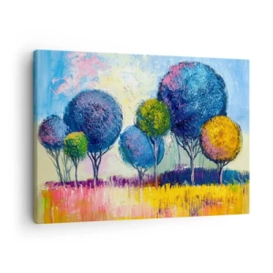 Obraz na plátne - Farebné guľovité stromy na pozadí krajiny - 70x50cm - Guľa - tvar ideálu - Moderná nástenná dekorácia do obývacej izby a spálne ARTTOR