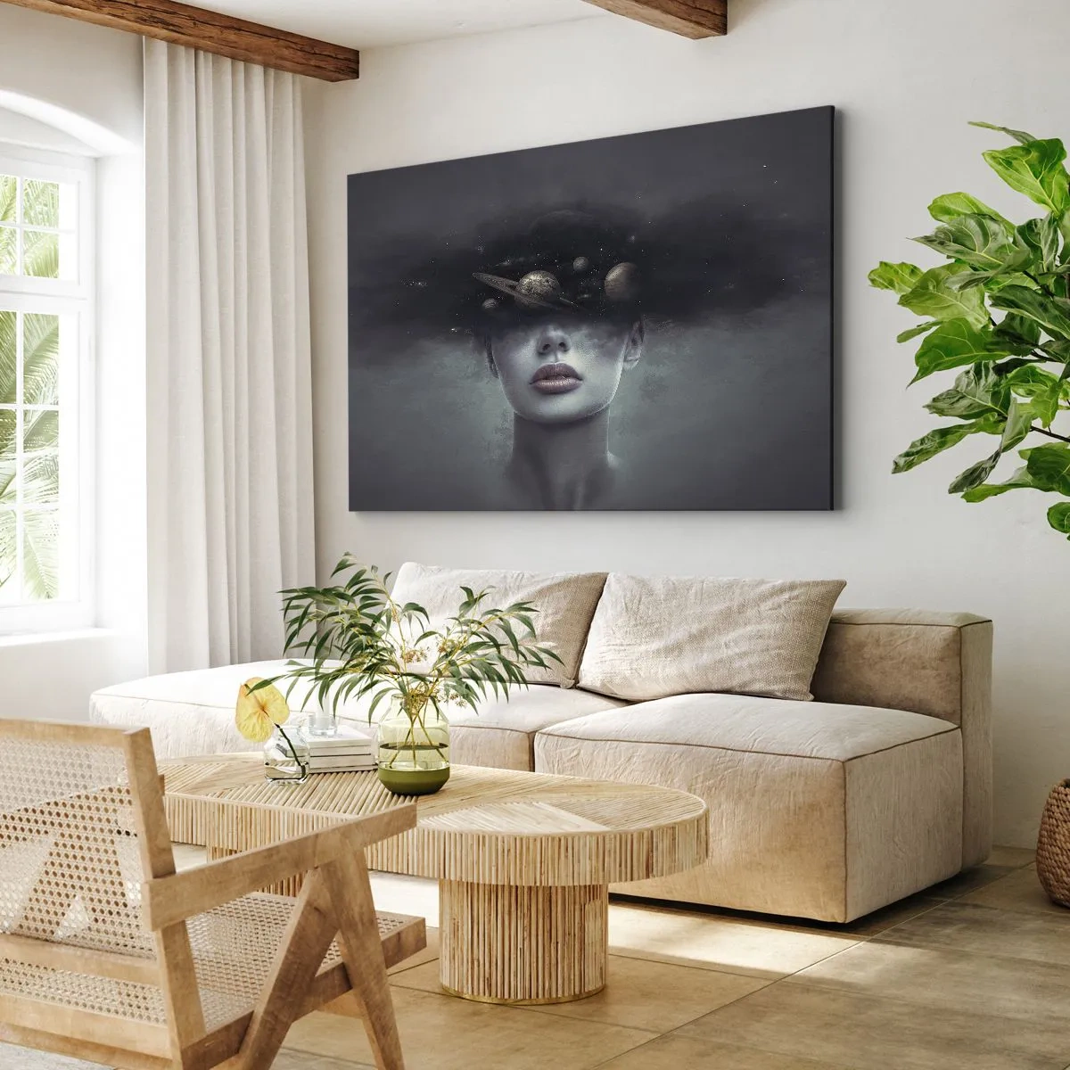 Obraz na plátne - Ženská tvár s motívom planéty a vesmíru v pozadí - 70x50cm - A planéty… - Moderná nástenná dekorácia do obývacej izby a spálne ARTTOR