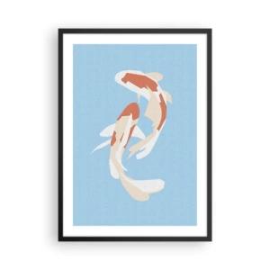 Plagát v čiernom ráme - Dve koi ryby plávajú v harmónii - 50x70cm - Spontánne synchronizované plávanie - Moderná nástenná dekorácia do obývacej izby a spálne ARTTOR